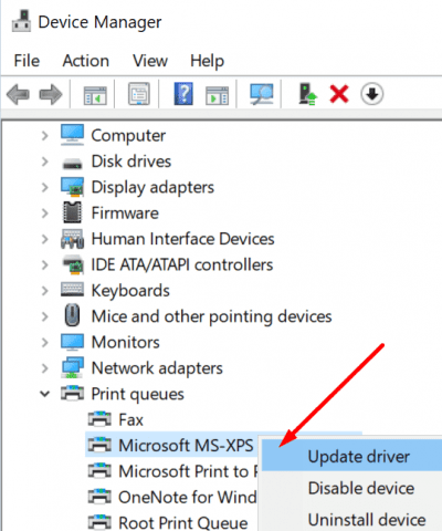 MicrosoftXPSプリンタードライバーを更新する