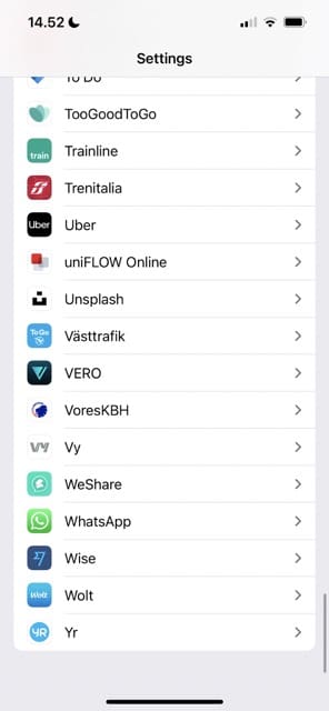 Screenshot mit Apps in den iOS-Einstellungen