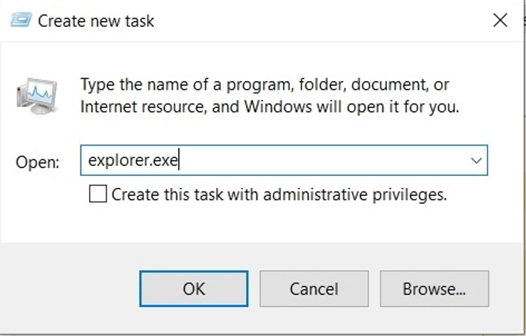 Выберите «Запустить новую задачу» и введите explorer.exe.