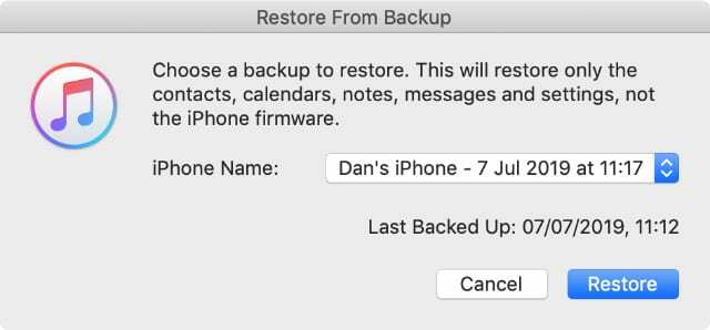 आइट्यून्स बैकअप से पुनर्स्थापित करें iPhone बैकअप का चयन करें