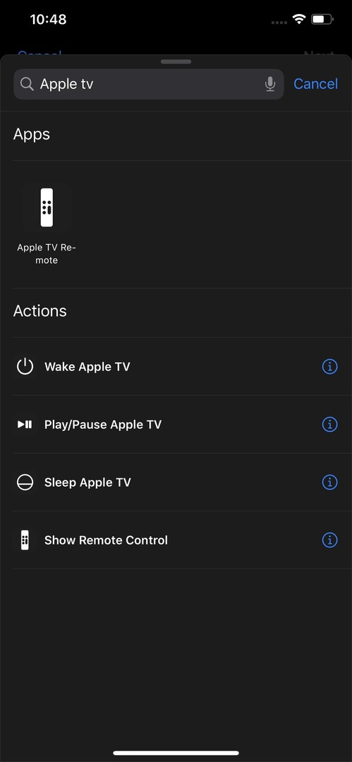 Az Apple TV parancsikonok műveleteinek vezérlése iOS 13 rendszerben