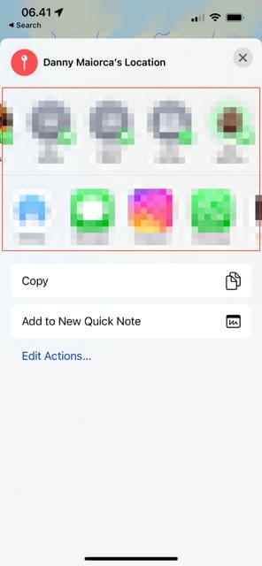 Screenshot che mostra come scegliere la persona con cui condividere la tua posizione in Mappe su iPhone