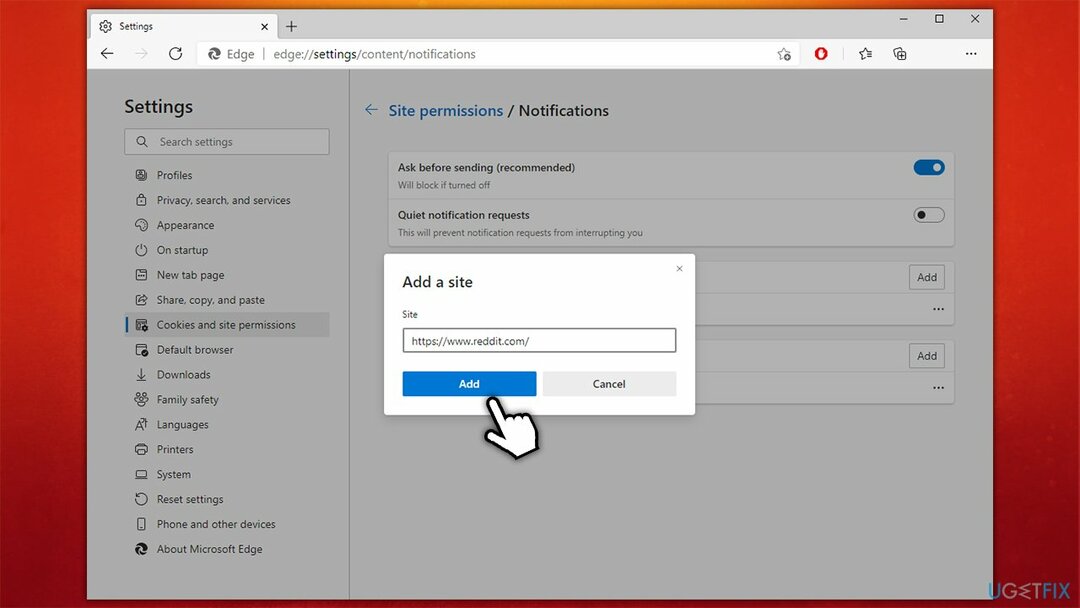 Inserisci l'URL del sito consentito