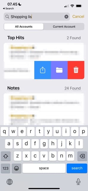 Screenshot che mostra l'icona del cestino in Apple Notes