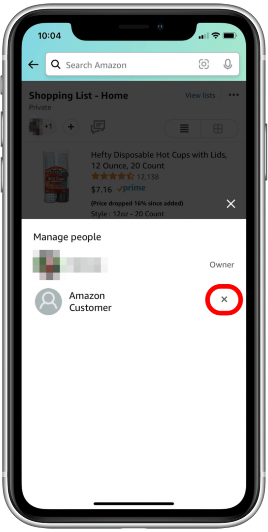 Dotaknite se x, da odstranite uporabnika s seznama želja Amazon