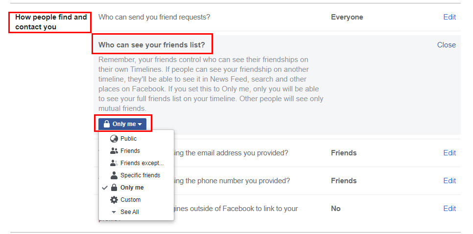 설정에서 웹에서 Facebook 친구 목록을 숨기는 방법