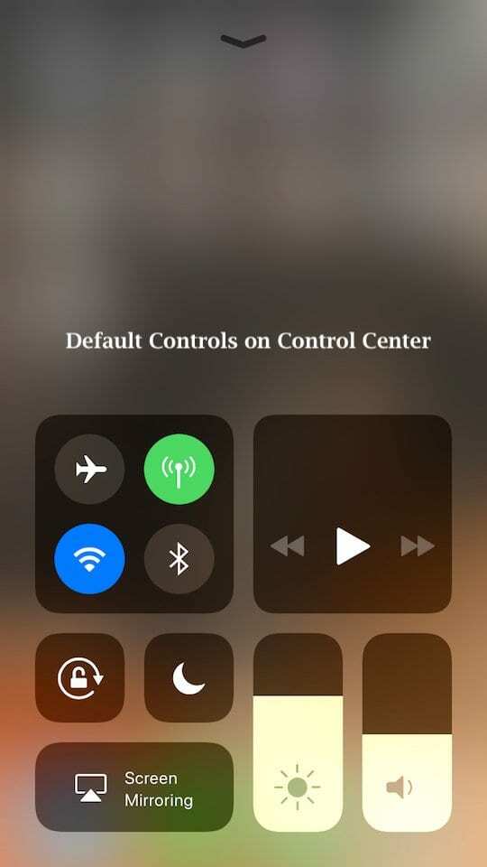 „iOS 11“ valdymo centro numatytieji nustatymai „iPhone“.