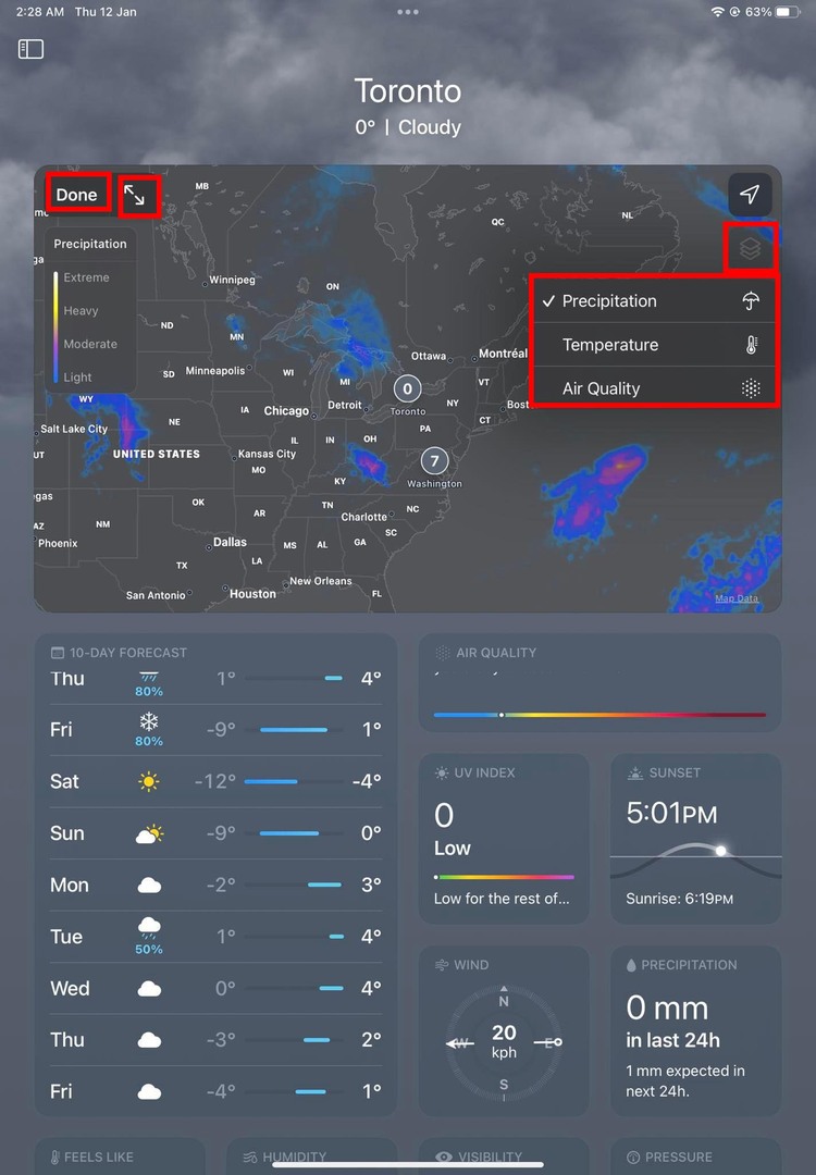 La tarjeta Weather Map en la aplicación Apple Weather