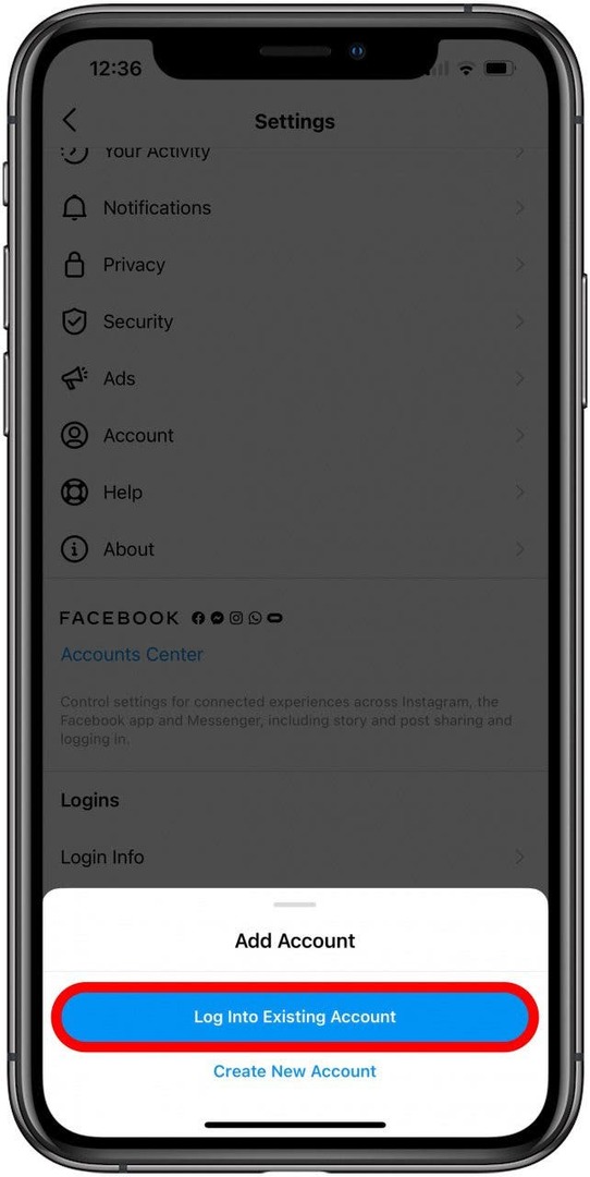 Торкніться «Увійти в існуючий обліковий запис», щоб додати обліковий запис Instagram.
