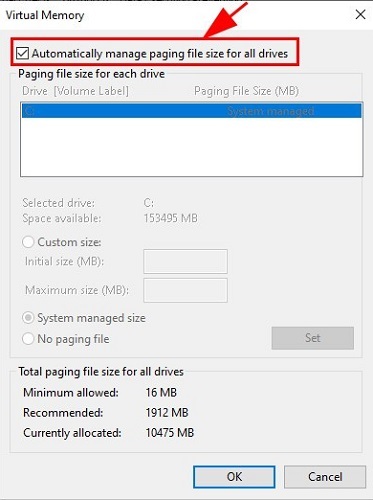 поставить галочку перед Автоматически управлять размером файла подкачки для всех дисков