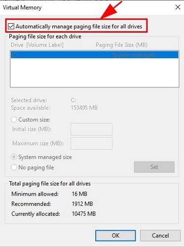 centang kotak sebelum Secara otomatis mengelola ukuran file paging untuk semua drive