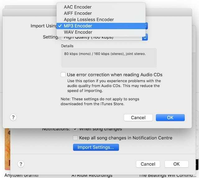 iTunes importformatindstillinger
