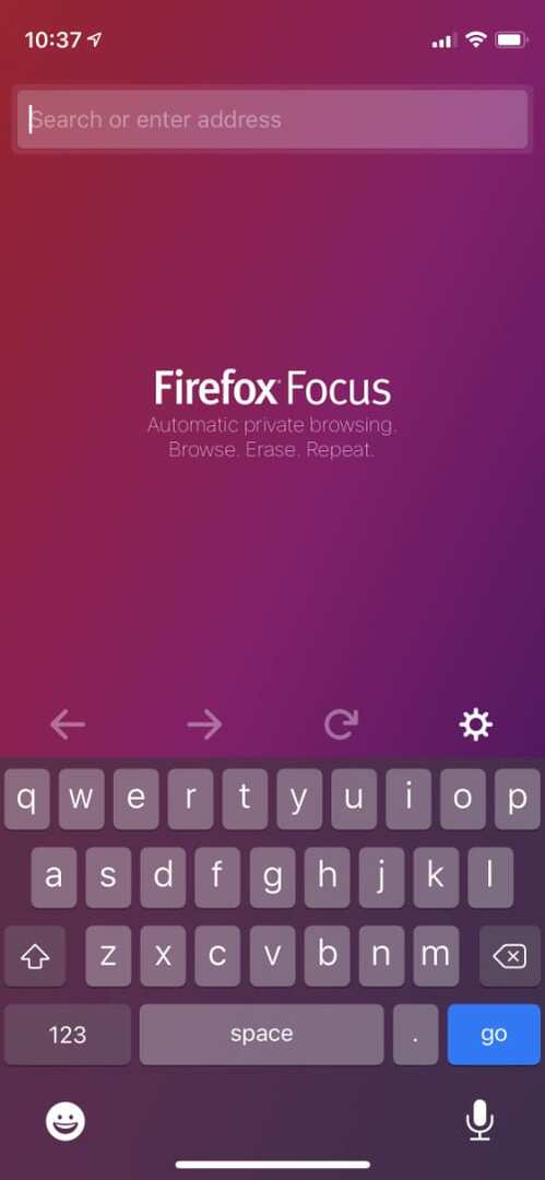 „Firefox Focus“ pagrindinis ekranas