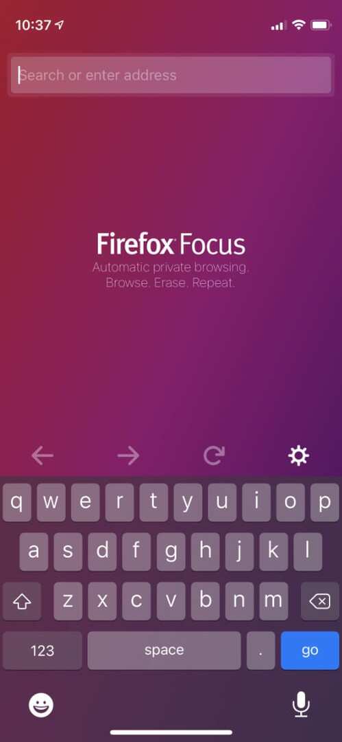 Firefox Focus kezdőképernyő