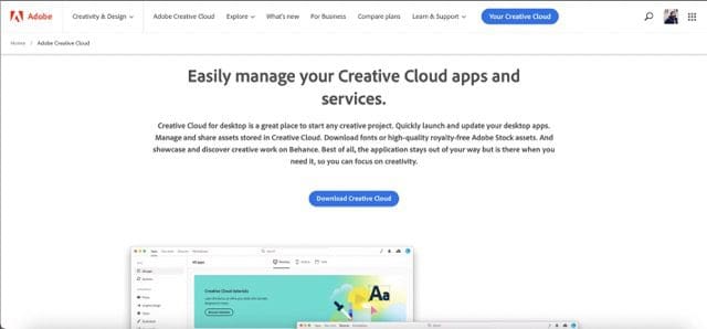 Screenshot, der zeigt, wie die Adobe CC-App in einem Webbrowser heruntergeladen wird