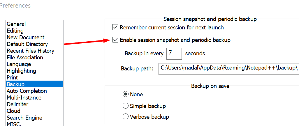 notesblok++ Sessionsbillede og periodisk backup