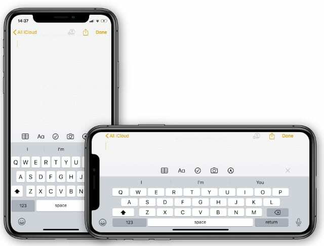 Aplikacija iPhone Notes v pokončnem in ležečem položaju