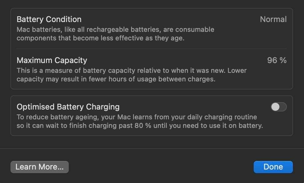 Zapněte optimalizované nabíjení baterie pro Mac
