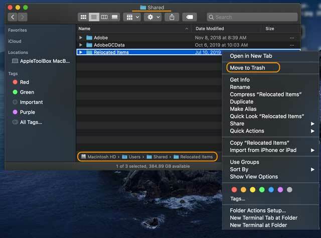 साझा उपयोगकर्ता फ़ोल्डर macOS के अंदर स्थानांतरित आइटम फ़ोल्डर
