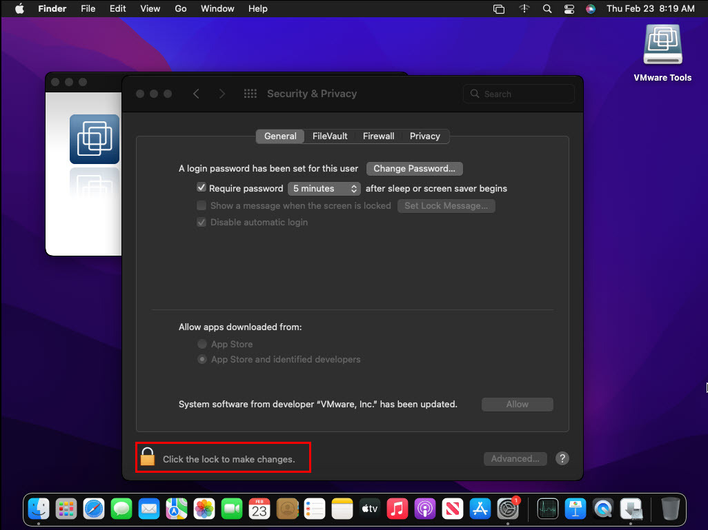 Biztonsági és adatvédelmi beállítás a macOS VMware eszközcsomagjához