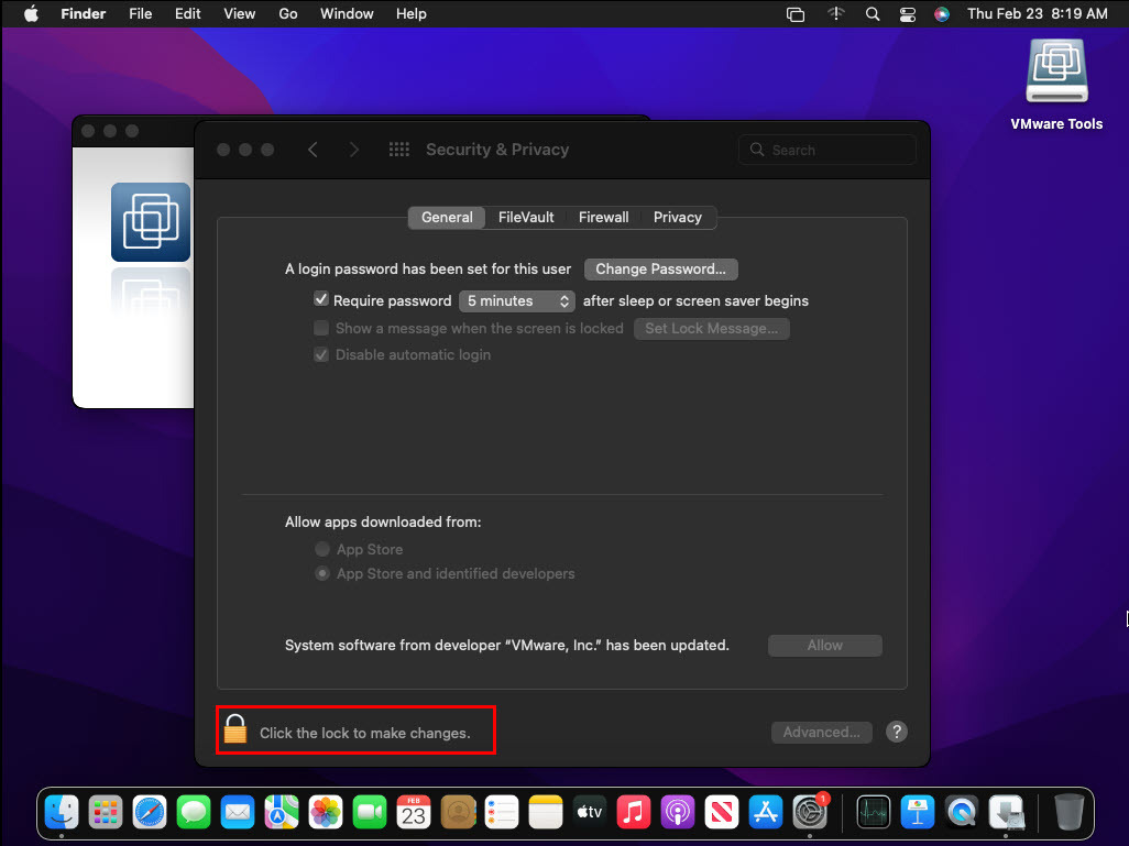 Ρύθμιση ασφάλειας και απορρήτου για το πακέτο εργαλείων VMware του macOS