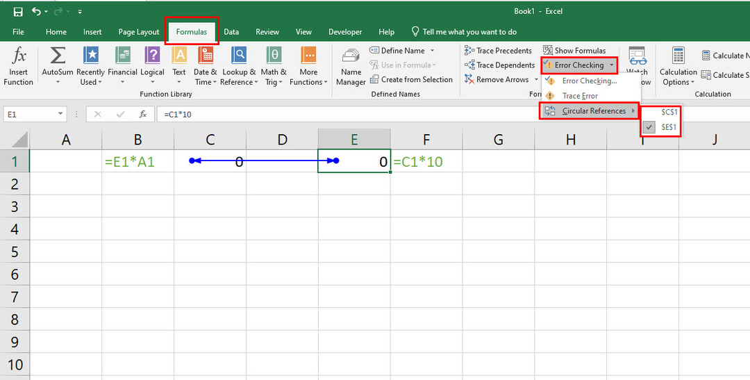 Naudokite klaidų tikrinimą, kaip rasti žiedines nuorodas programoje „Excel“.