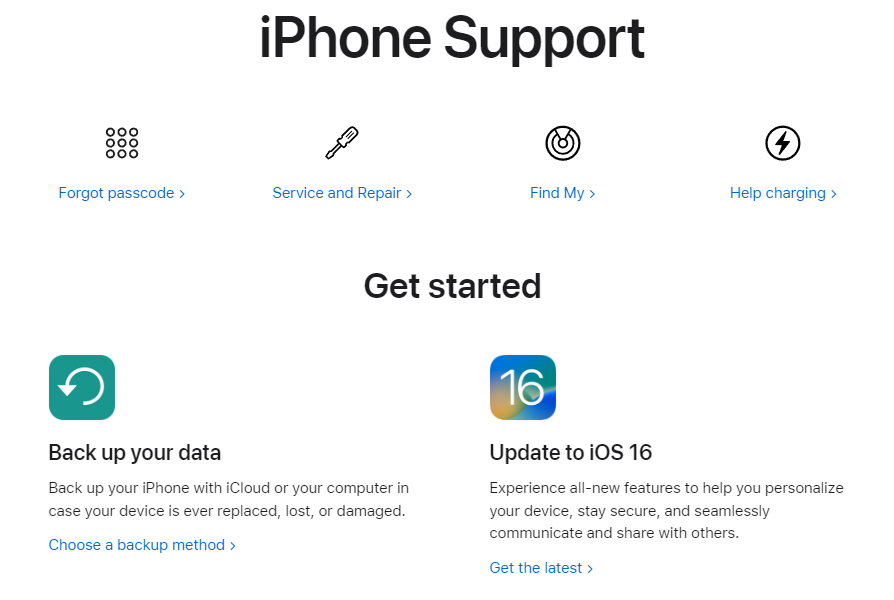 Pagina di supporto per iPhone su supporto Apple