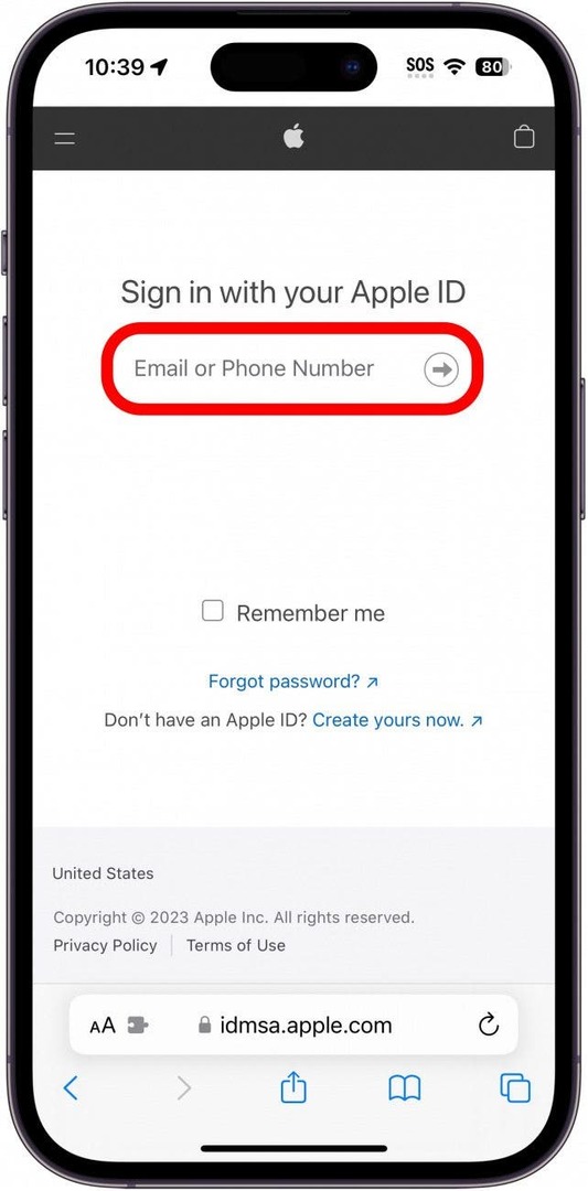 iphone safari spletna stran mysupport.apple.com prikazuje poziv za prijavo, z rdečo obkroženim poljem za e-poštni naslov