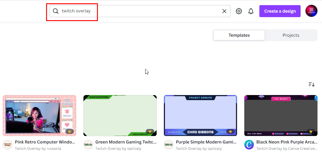 Canva सर्चिंग टेम्प्लेट पर Twitch के लिए ओवरले कैसे बनाएं