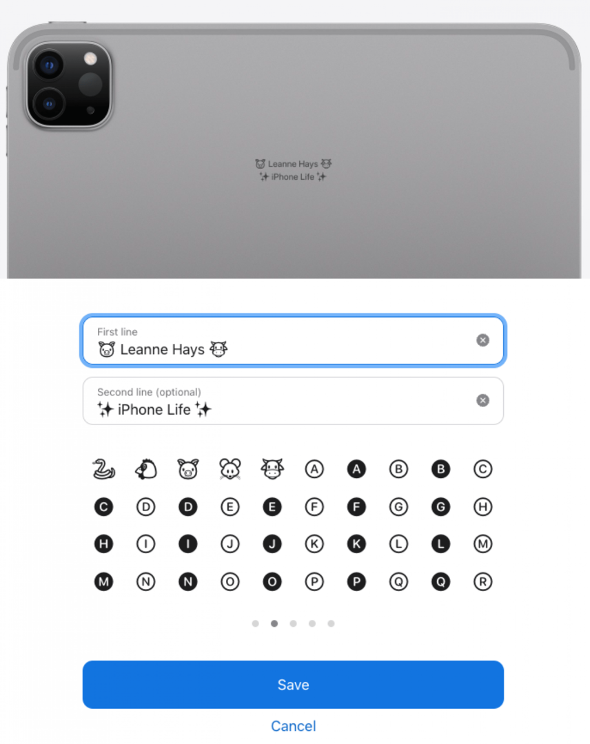 iPad-Gravur mit Emoji und Namen