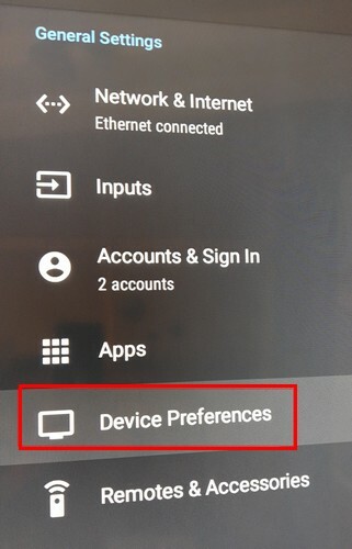 Opção de preferências do dispositivo na Android TV