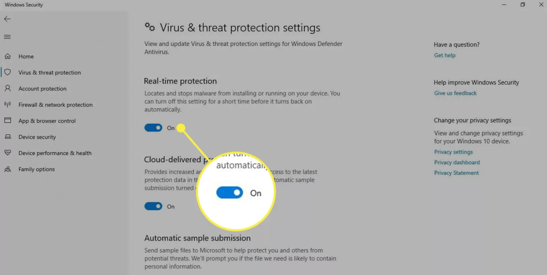 Виберіть перемикач Захист у реальному часі, щоб вимкнути його
