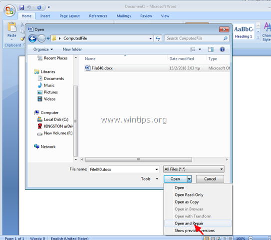 napraw plik Word Otwórz i napraw