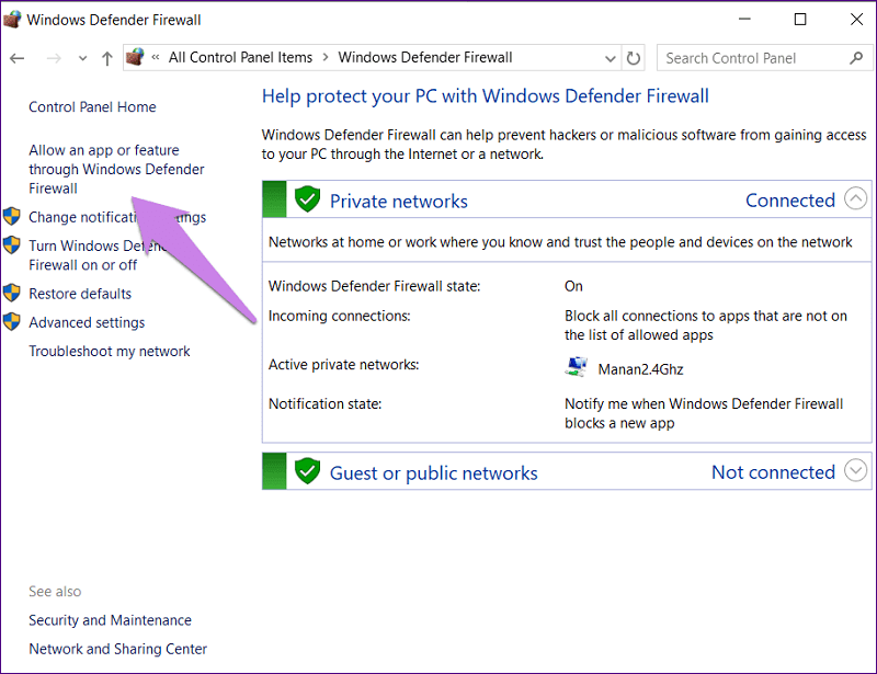 אפשר אפליקציה או תכונה באמצעות חומת האש של Windows Defender