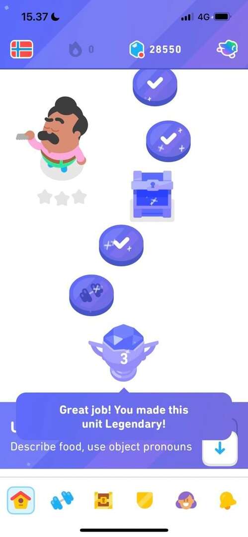 Skärmdump som visar legendariska färdigheter slutförda i Duolingo