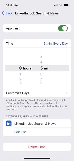 Bildschirmzeit-Screenshot für App-Limit festlegen