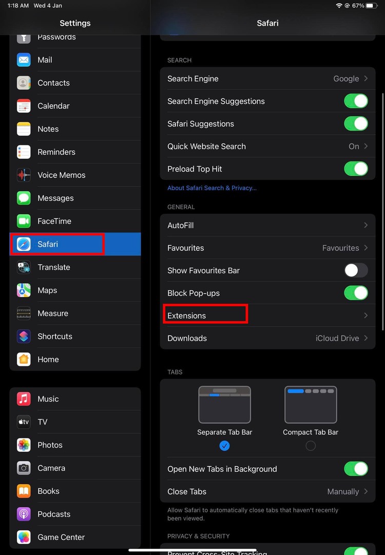 iPad सेटिंग से Safari एक्सटेंशन एक्सेस करना
