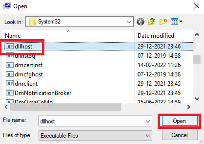 sélectionnez le fichier dllhost.exe et appuyez sur le bouton Ouvrir