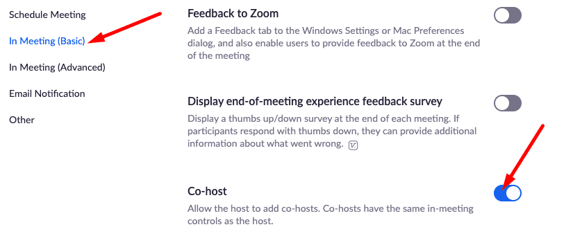 मीटिंग सेटिंग में सह-होस्ट ज़ूम सक्षम करें