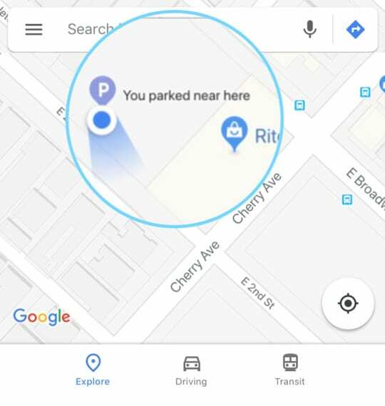 iPhone Google Maps-functie Je hebt hier vlakbij geparkeerd