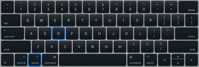 Možnost zvýraznění klávesnice MacBooku Pro+D pro spuštění Apple Diagnostics z internetu