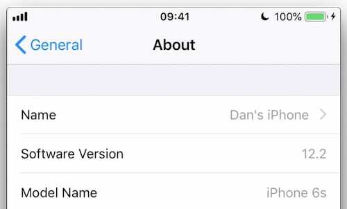 Om-siden i iOS-indstillinger.