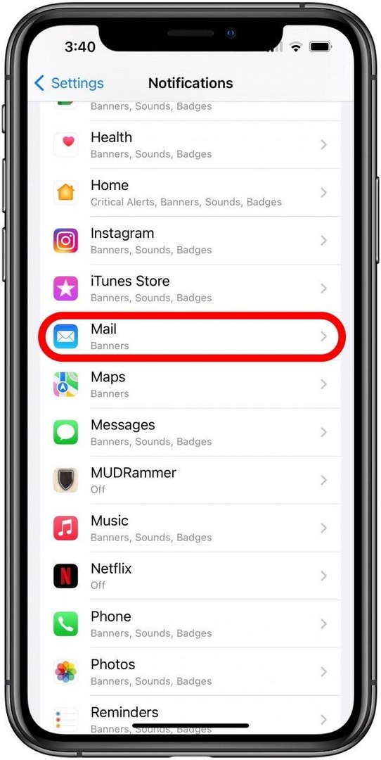 Benachrichtigungseinstellungsbildschirm mit markierter Mail-App in der App-Liste.