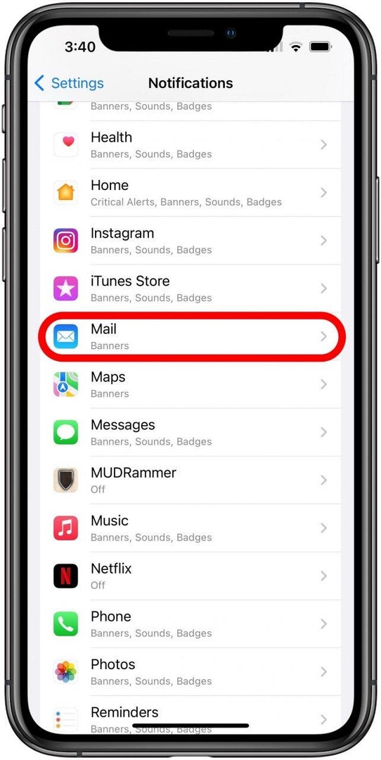 Tela de configurações de notificações com o aplicativo Mail marcado na lista de aplicativos.