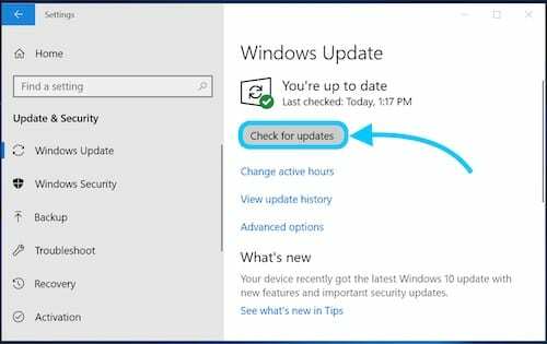 สกรีนช็อตของปุ่มตรวจหาการอัปเดตใน Windows 10