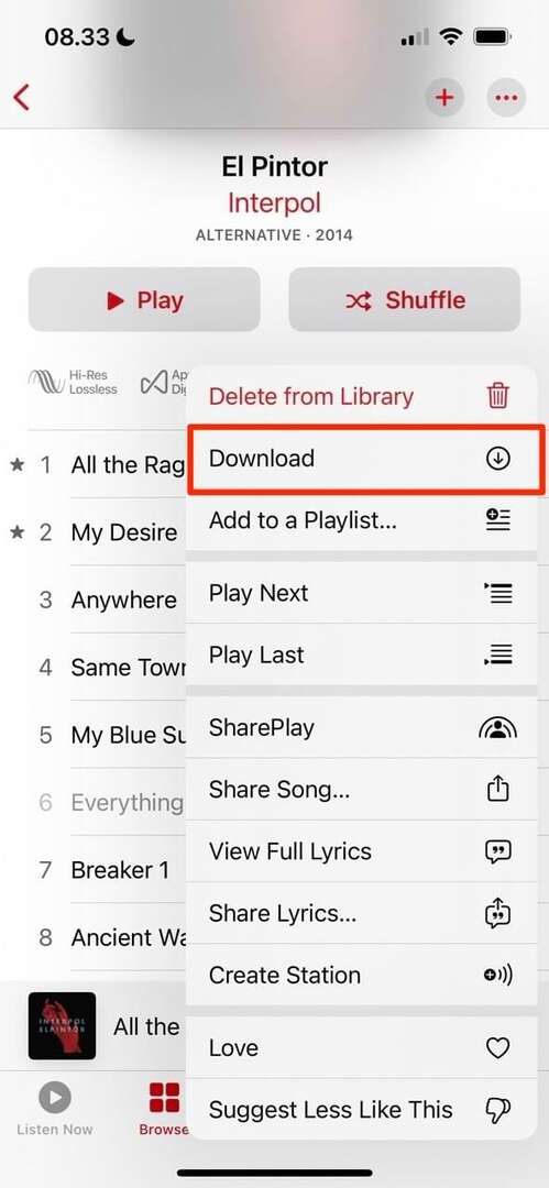 Snímka obrazovky zobrazujúca rozbaľovaciu ponuku sťahovania v Apple Music