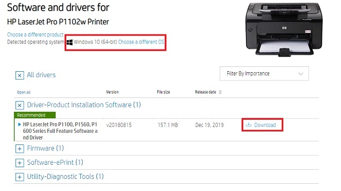 Sélectionnez le système d'exploitation et téléchargez le pilote HP LaserJet Pro P1102w