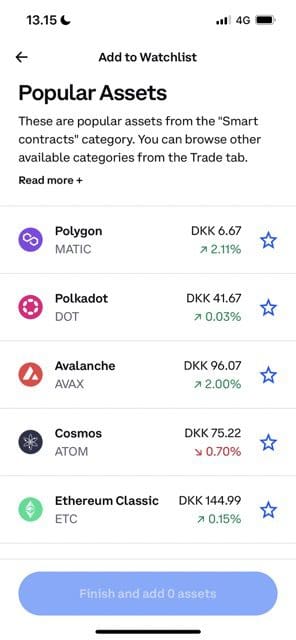 Captura de tela mostrando uma lista de moedas Coinbase que você pode adicionar à sua lista