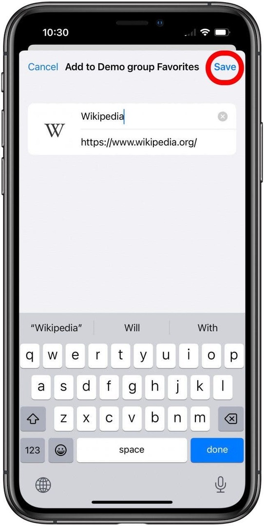 즐겨찾기를 저장하는 시트가 있는 Safari 앱은 탭 그룹에 추가하기 위해 열려 있습니다. 저장 버튼이 표시됩니다.