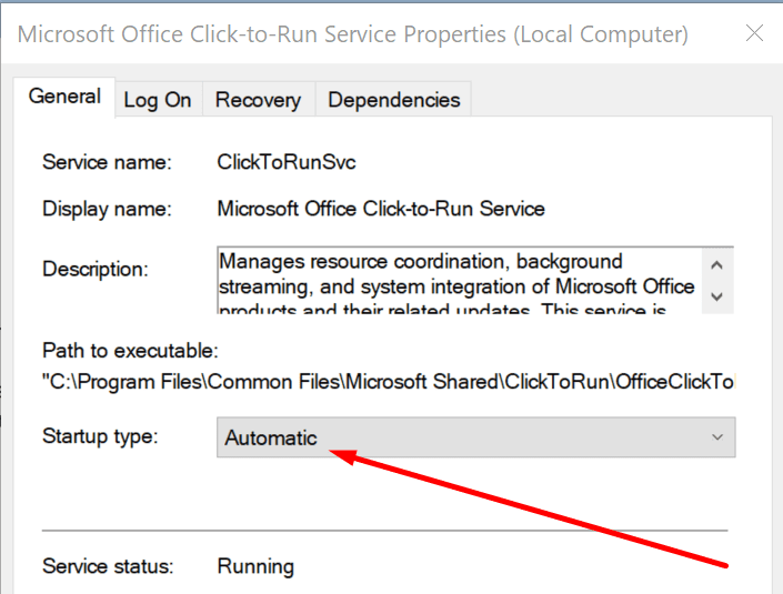 office click-to-run service automatisk starttyp